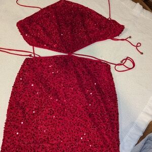 Red Sequin Embellished Halter Mini Dress